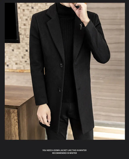 High-quality men's fashionable and stylish mid-length solid color woolen and cotton thick coat for autumn and winter