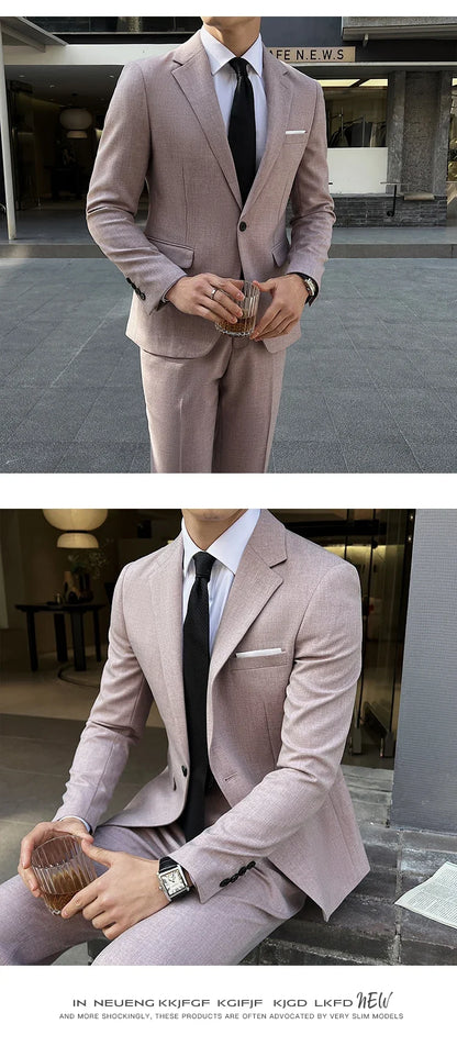 (Jacket +Pants) 2025 New Luxury Elegant Men's Suits 2 Piece Set Fashion Korean Casual Slim Fit Social Groom Wedding Tuxedo