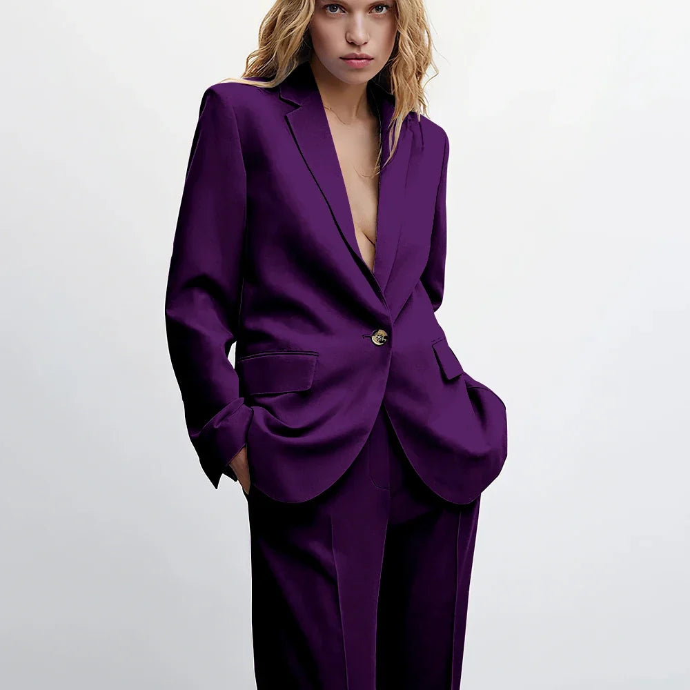 Graceful Blue Notch Lapel Suits For Women Casual Single Breasted 2 Piece Daily Interview Business Speech Outfits Jacket Pants