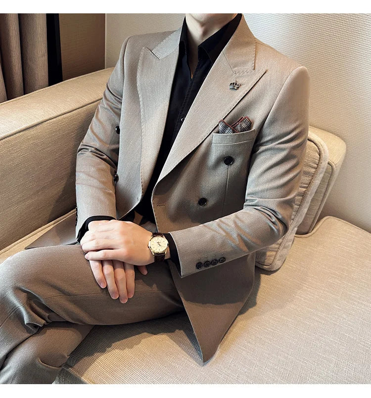 (Blazer + Trousers) Fashion Double Breasted Design Slim Men's Suit Italian Style Luxury Wedding Social Party Tuxedo 2 Piece Set