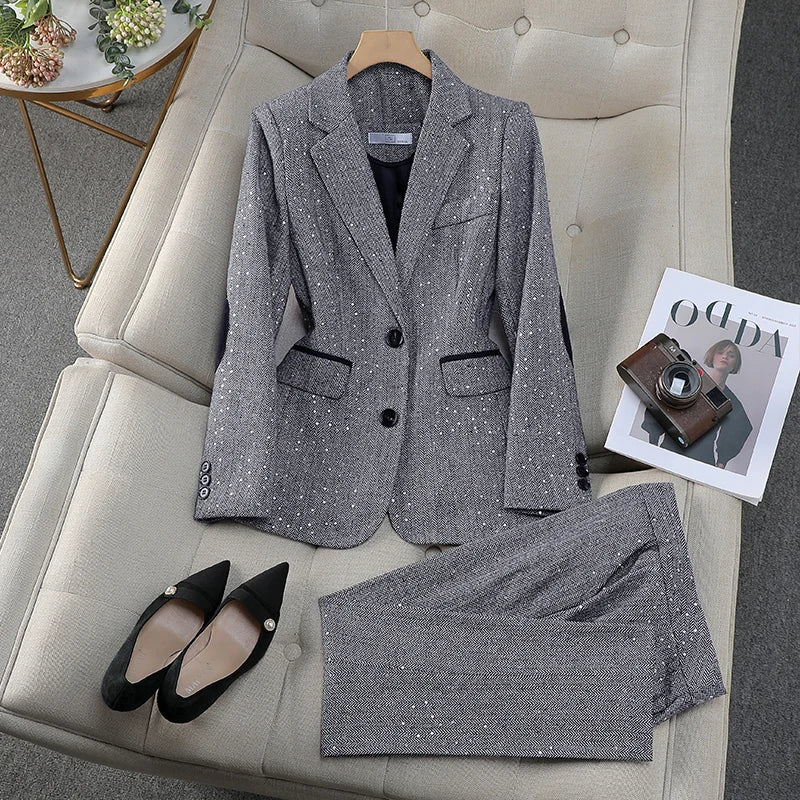Elegant Vintage Blazer Pants Set for Woman 2 Pieces Matching Sets Autumn 2026 Office Lady Jacket and Trousers Suit Brown