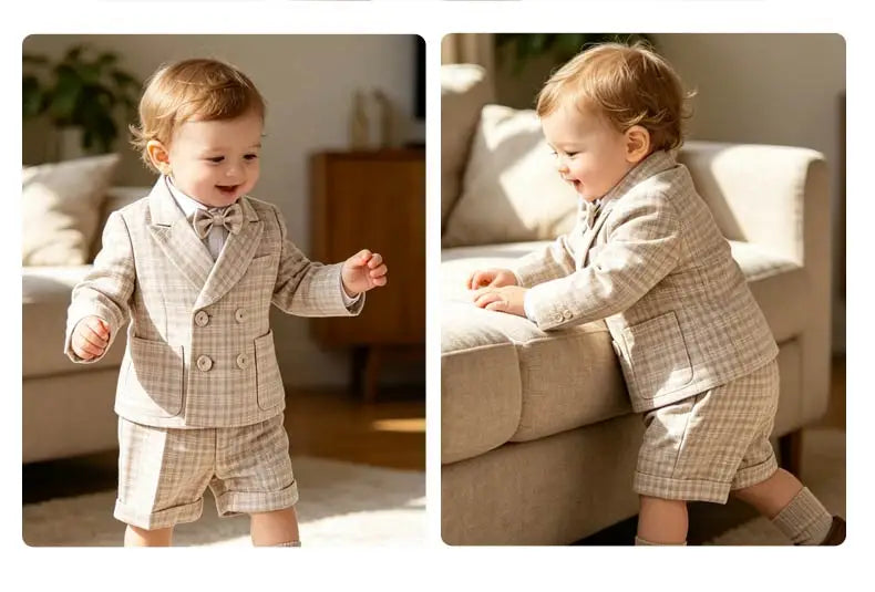 Toddler Gentleman Plaid Suit Set Boys Formal Blazer Waistcoat Suspender Shorts BowTie Wedding Birthday Baptism Party Dress Outft