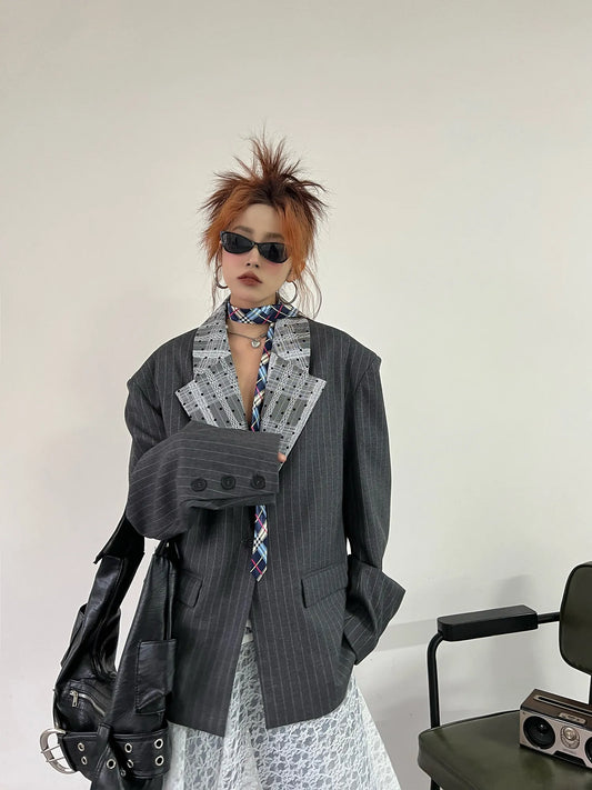 Women's Dark Grey Striped Blazer Jacket Y2k 2000s Vintage Suit Coat Fashion Casual Long Sleeve V-Neck Oversize Outerwear Autumn