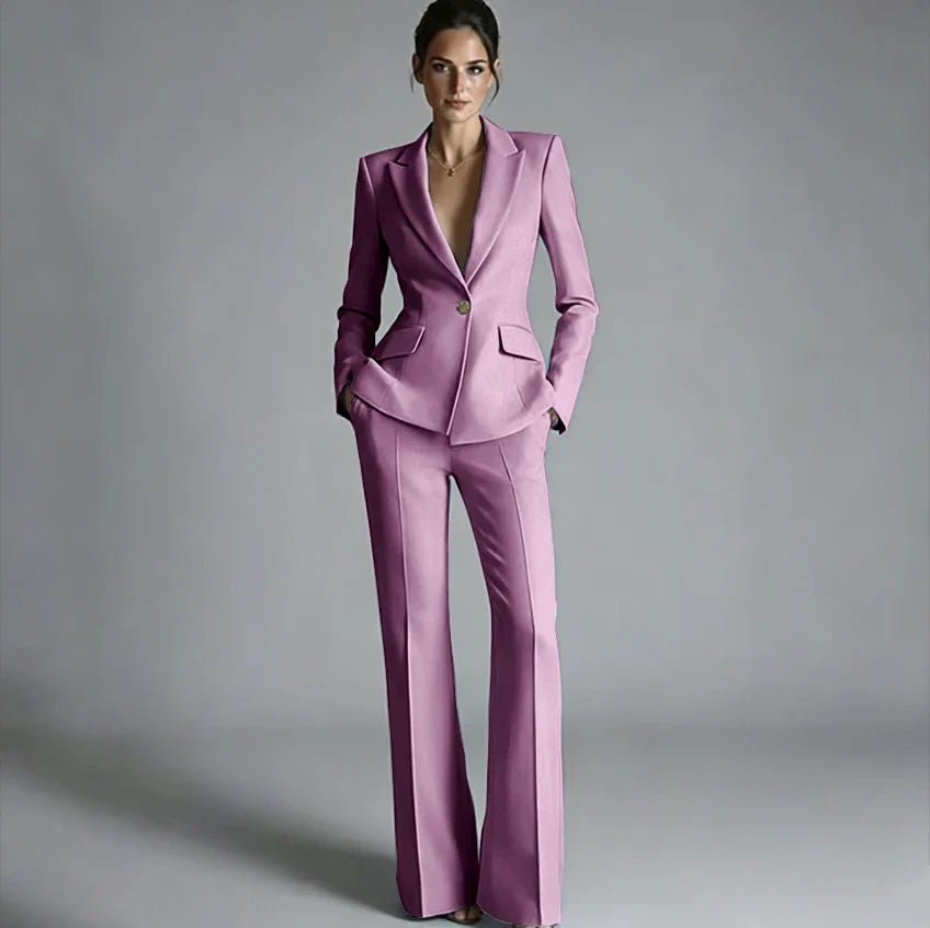 Elegant Women's One-Button Jacket+Pants Suit Set Classic Pink Peaked Lapel 2 Piece Formal Business Wedding Guest Outfit