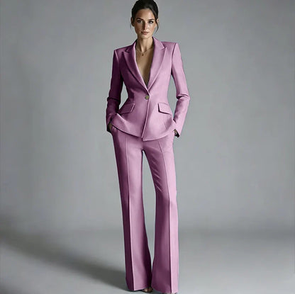 Elegant Women's One-Button Jacket+Pants Suit Set Classic Pink Peaked Lapel 2 Piece Formal Business Wedding Guest Outfit
