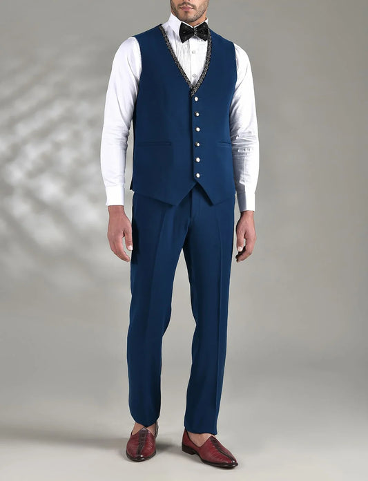 Men's Suit 3 Pieces Navy Blazer Vest Pants One Button Sequins Sheer Satin Lapel Business Wedding Groom Tailored Costume Homme