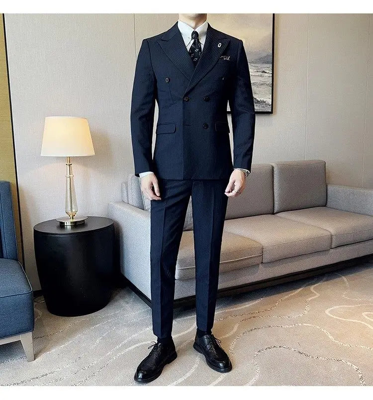 Korean Slim Fitt Wedding Suit Fashion Striped Double Breasted Suit 3 Piece Set Business Formal Casual Party Prom Host Suits