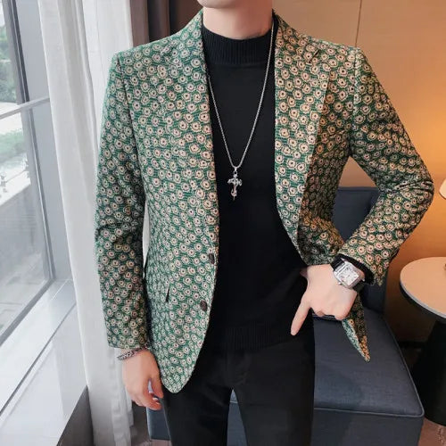 Autumn Winter Corduroy Flower Blazers Men Slim Fit Casual Suit Jacket Casual Suit Jacket Wedding Business Dress Coat Streetwear