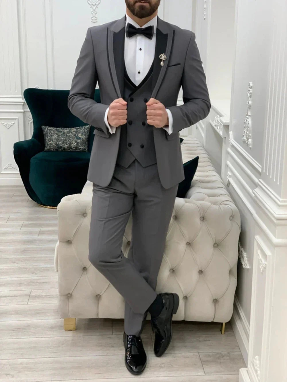 Grey One Button Peak Lapel Men's Wedding Groom Sets High Quality Formal Slim Fit Business Suit Set Business Negotiation Outfit