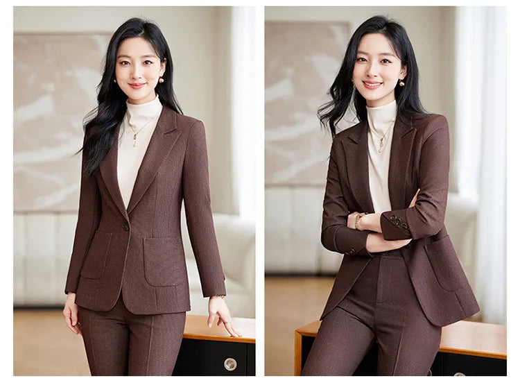 Brown Suits Women 2024 New Autumn High End Fashion Temperament Business Slim Blazer And Pants Sets Office Lady Work Wear