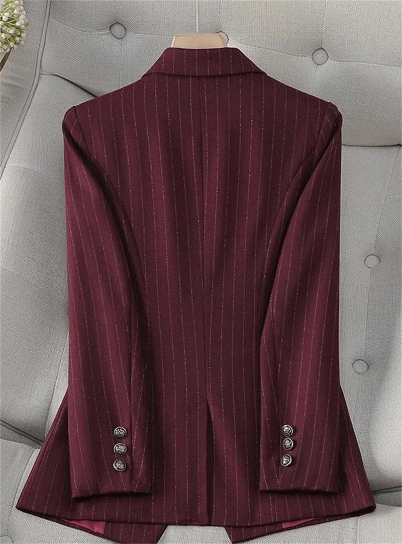 Fashion Autumn Winter Ladies Pant Suit Women Blue Striped Female Business Work Wear Jacket Blazer and Trouser Formal 2 Piece Set