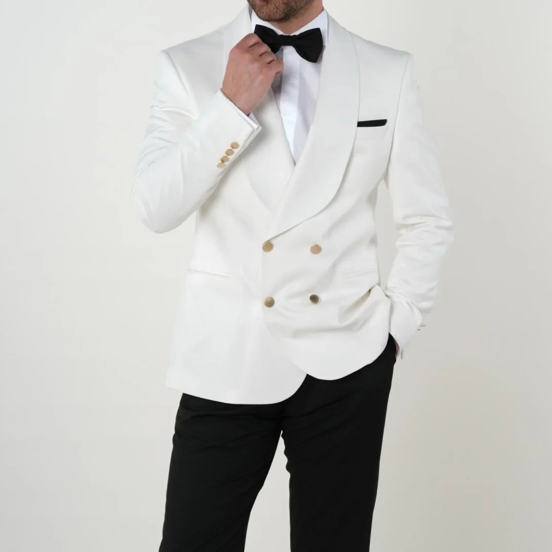 Men Suit 2 Pieces White Black With Lapel Gold Double Button For Wedding Business Banquet Party Office Daily Work Jacket Pants
