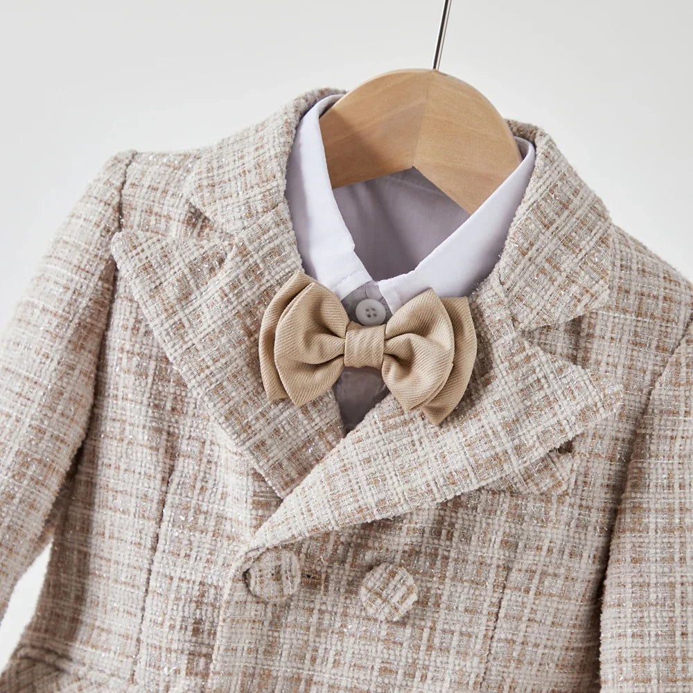 Baby Boys Gentleman Tweed Suit Set Kids Flower Boy Wedding Formal Wear Double Breasted Blazer Khaki Pants Bow Tie Birthday Party