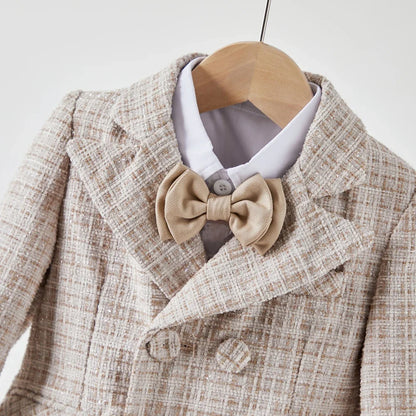 Baby Boys Gentleman Tweed Suit Set Kids Flower Boy Wedding Formal Wear Double Breasted Blazer Khaki Pants Bow Tie Birthday Party