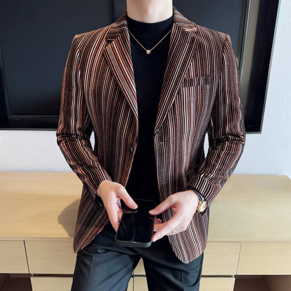 High Quality Plush Striped Fashion casual Suit Jacket Autumn Winter New Men Slim Fit Business Formal Social Prom Party Tuxedos