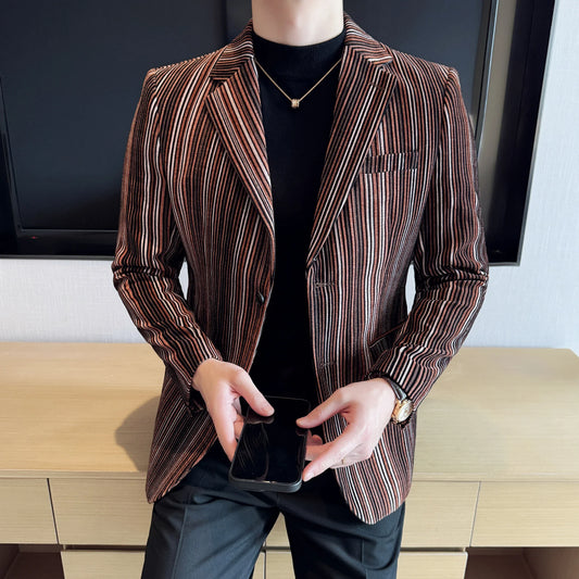 High Quality Plush Striped Fashion casual Suit Jacket Autumn Winter New Men Slim Fit Business Formal Social Prom Party Tuxedos