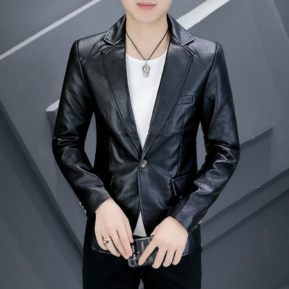Autumn Leather Suit Jacket Men's Slim Korean Trendy Handsome Casual PU Leather Blazers Motorcycle Jacket Social Party Nightclub
