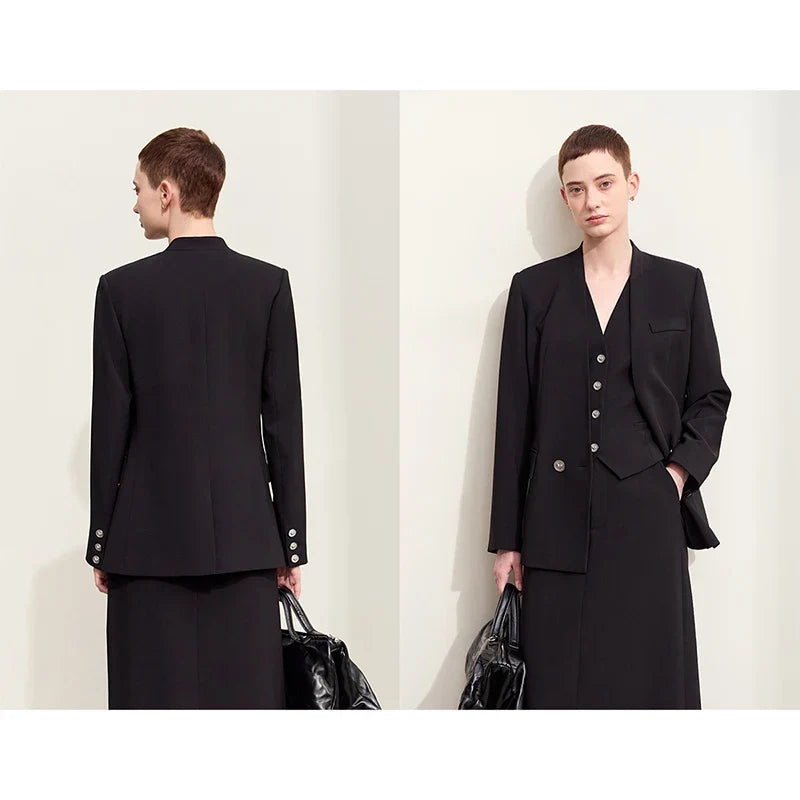 Minimalism Blazers For Women 2026 Autumn New Commuter V-neck Heart-shaped Buckle Shoulder-pad Professional Jackets 12453042