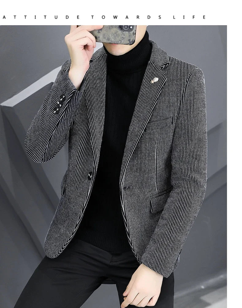 Blazer Autumn/Winter Golden Sable Velvet and Cotton Thickened Thermal Small Suit Fashion Business Men's Slim Blazer