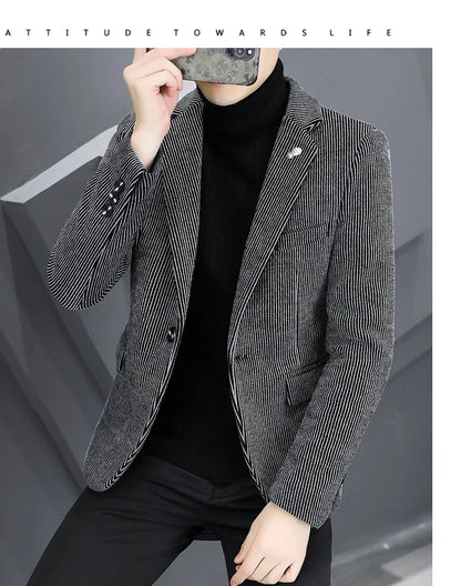 Blazer Autumn/Winter Golden Sable Velvet and Cotton Thickened Thermal Small Suit Fashion Business Men's Slim Blazer