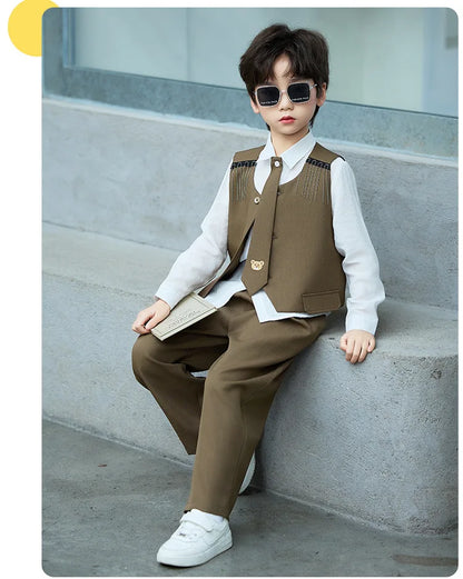 Children's New Chinese Style Clothing Set Fower Boys Baby's First Birthday Party Dress Kids Host Catwalk Performance Costume