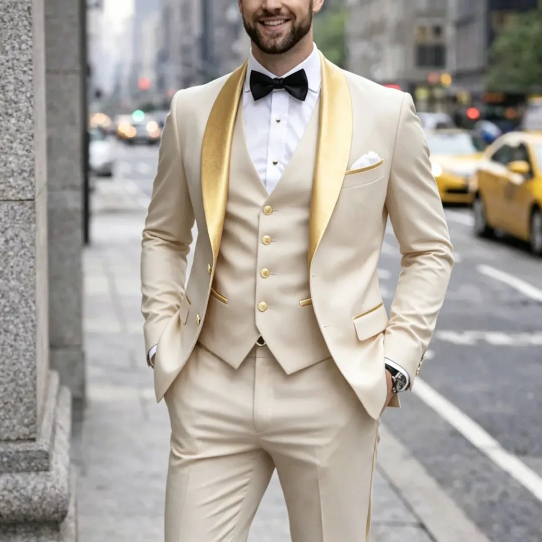 Men Suit Dark Green 3 Piece With Gold Lapel Single Button For Wedding Birthday Banquet Party Business Work Jacket Vest Pants