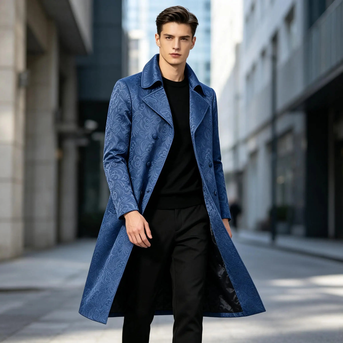 Men Luxury Jacquard Long Trench Coat Lapel Formal Overcoat Outerwear For Wedding Prom Banquet Club Evening Business Stage Party