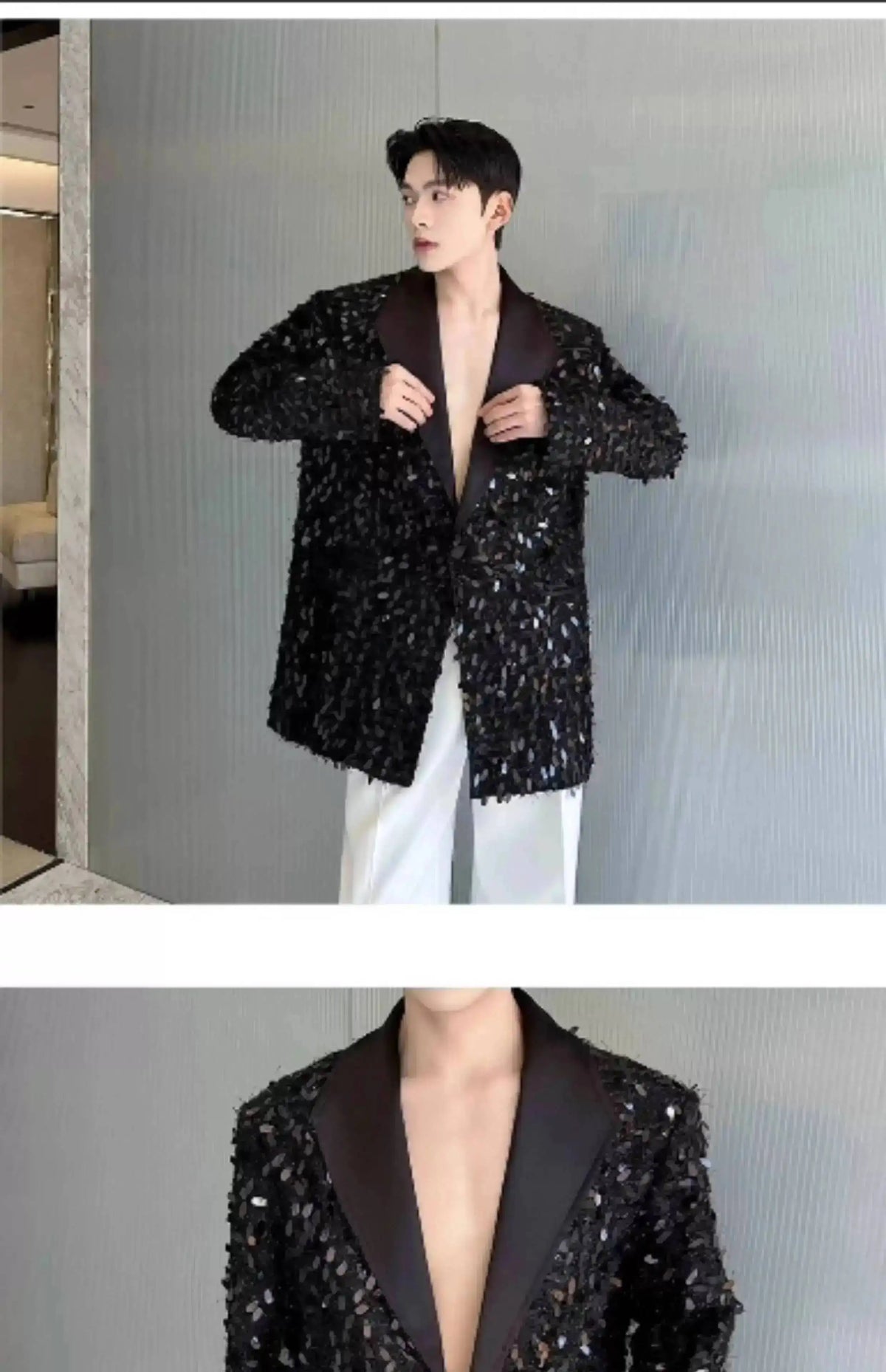 Design Patchwork Burr Original Casual Shoulder Pad Sequin Blazer Coat Men's 2025 Autumn Fashion Temperament Jacket JY7384