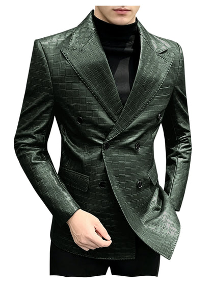Men's Crocodile Leather Blazer Double Breasted Slim Fit Suit Jacket Formal Business Casual Sport Coat Wedding Party Streetwear