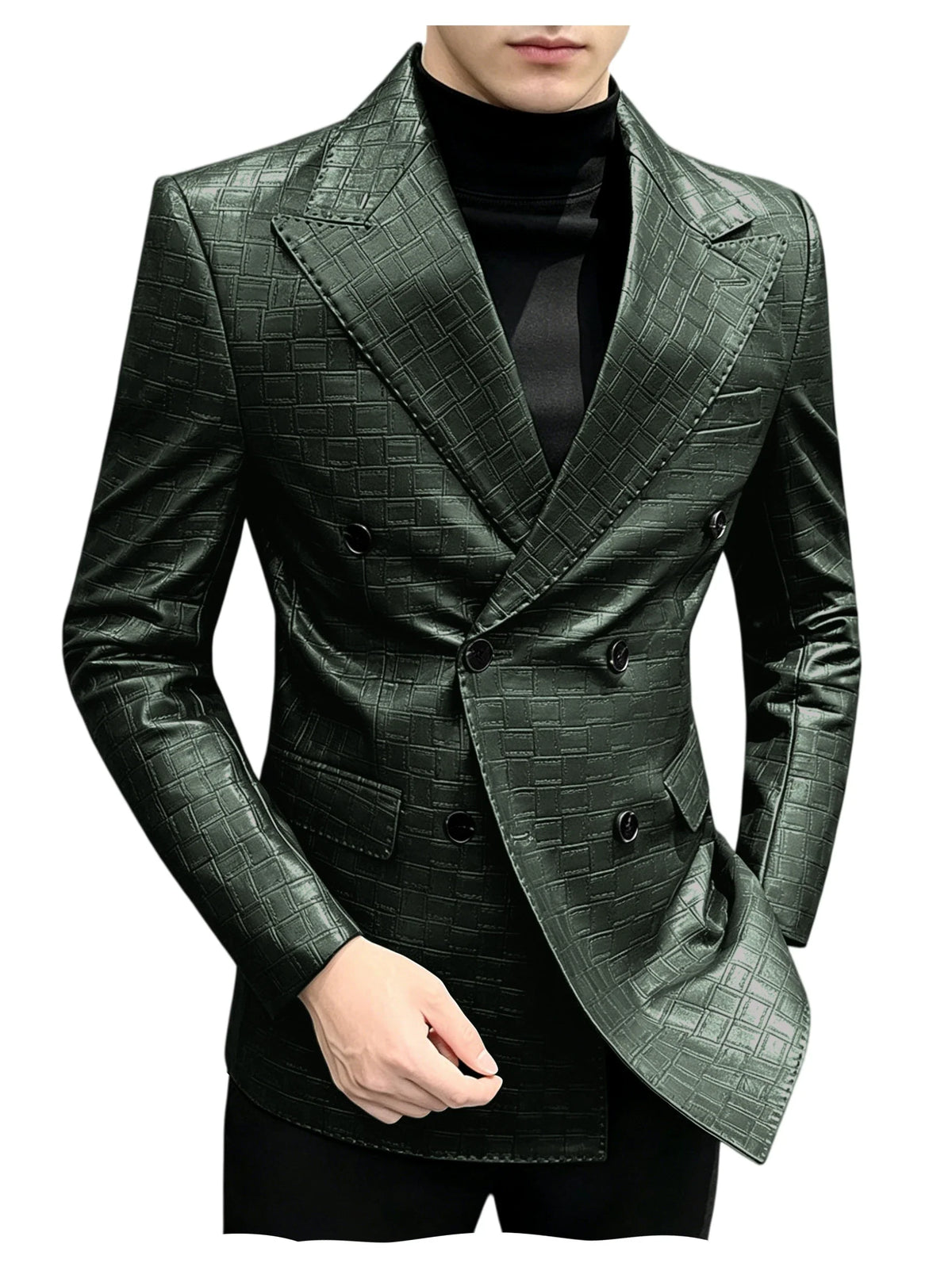 Men's Crocodile Leather Blazer Double Breasted Slim Fit Suit Jacket Formal Business Casual Sport Coat Wedding Party Streetwear