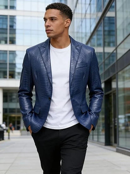 Men's Crocodile PU Leather Blazer Jacket Vintage Single Breasted Suit Coat Fashion Party Wedding Business Casual Outerwear