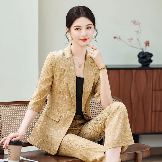 Fashion Apricot Half Sleeve Professional Suit Women New 2026 Summer Elegant Formal Slim Blazer And Pants Office Ladies Work Wear