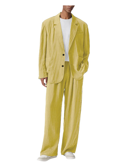 Men's Linen Blend Wrinkled Two Piece Suit Loose Two Button Blazer Wide Leg Trousers Casual Vacation Daily Soft Breathable Outfit