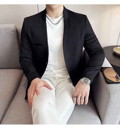 Chinese Style Collarless Suit Jacket Men Fashion Slim Fit Versatile Blazers Male Casual Business Wedding Groom Dress Jacket 2025