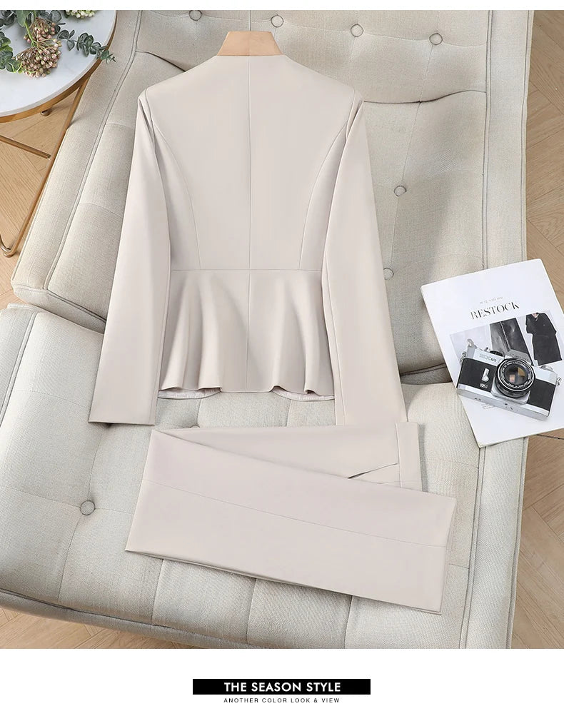Elegant Ladies Autumn Trousers Suit Women Long Sleeve Blazer and Pants 2 Piece Matching Sets Work Wear Office Formal Outfit