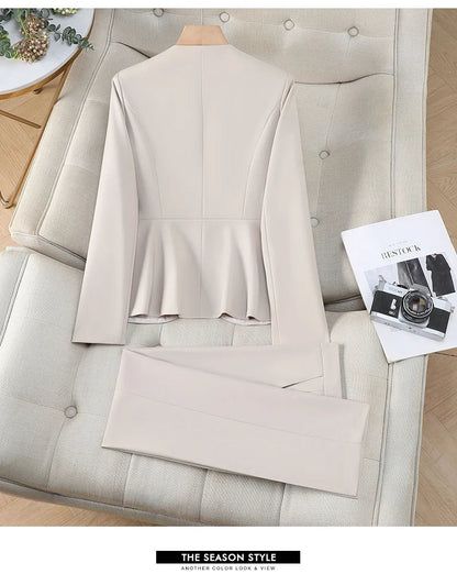 Elegant Ladies Autumn Trousers Suit Women Long Sleeve Blazer and Pants 2 Piece Matching Sets Work Wear Office Formal Outfit
