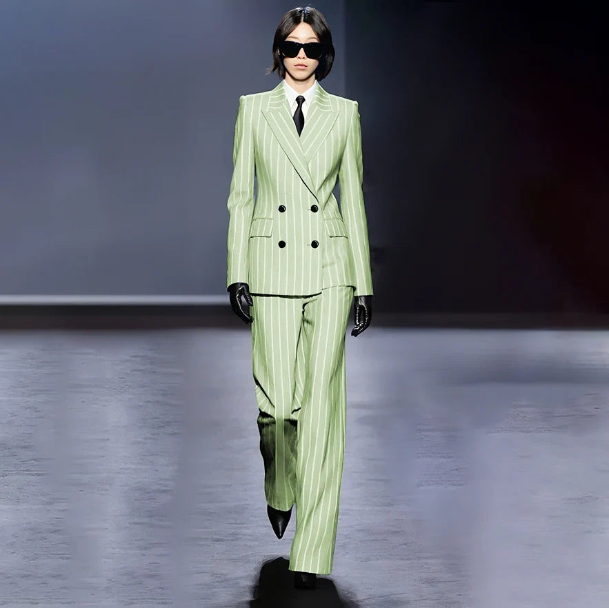 Dark Blue Stripes Women Suit Customized Double-breasted Peak Lapel Two Pieces(Jacket+Pants) Business Office Lady Competent Set
