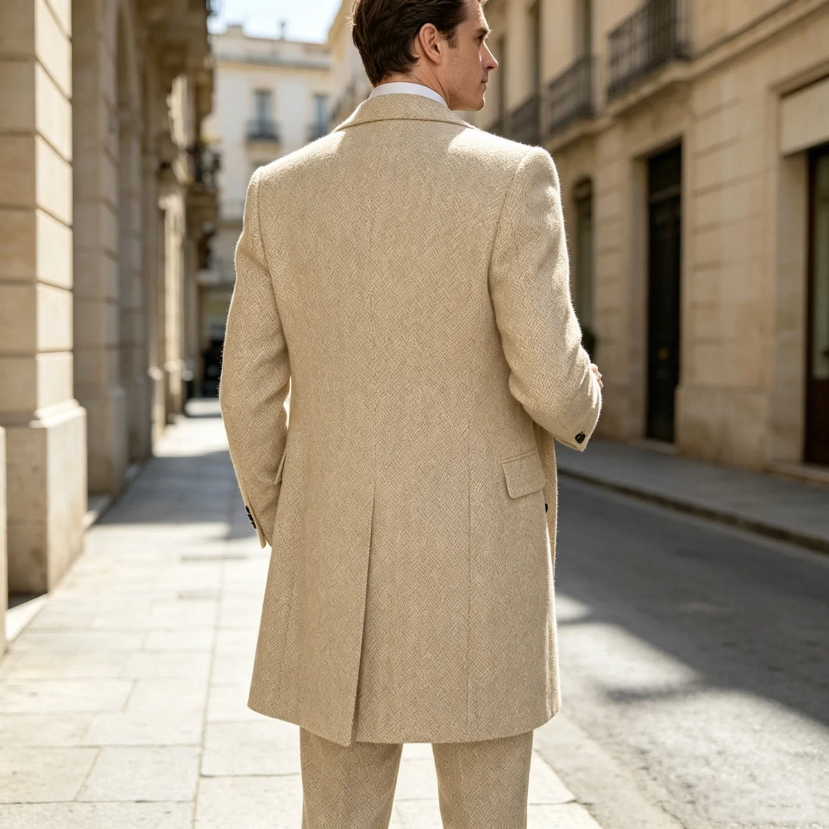 Men Vintage Herringbone Tweed 3 Piece Suit Double Breasted Overcoat Vest Pants Wedding Busines British Style Wool Blend Suit Set
