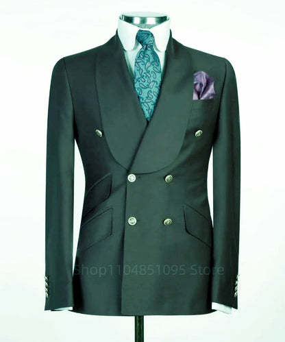 Formal Men Suit Jacket Slim Fit Navy Blue Long Sleeve Shawl Lapel Double Breasted Blazer Business One Coat Work Office Jacket