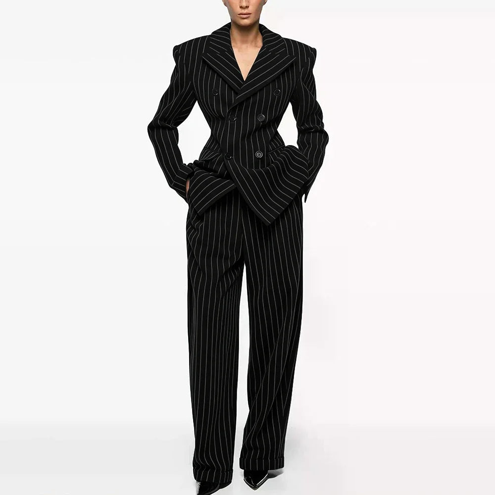Luxury Women's Dark Gray Woolen Pinstripe Clothes Double-Breasted 2 Piece(Jacket+Pants) Suit Set Formal Evening Party Outerwears