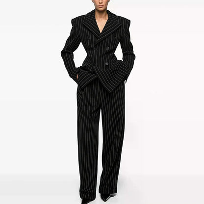 Luxury Women's Dark Gray Woolen Pinstripe Clothes Double-Breasted 2 Piece(Jacket+Pants) Suit Set Formal Evening Party Outerwears