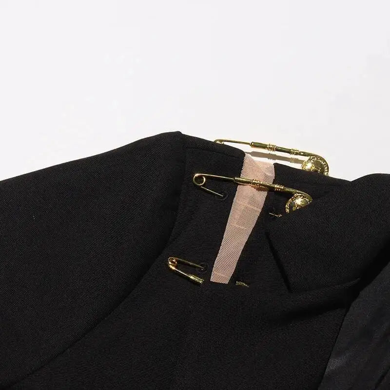 Autumn New Women Chic Blazer Asymmetrical Pin Design Single Button Slim Fit Elegant Fashion Office Lady Stylish Coat HK9876