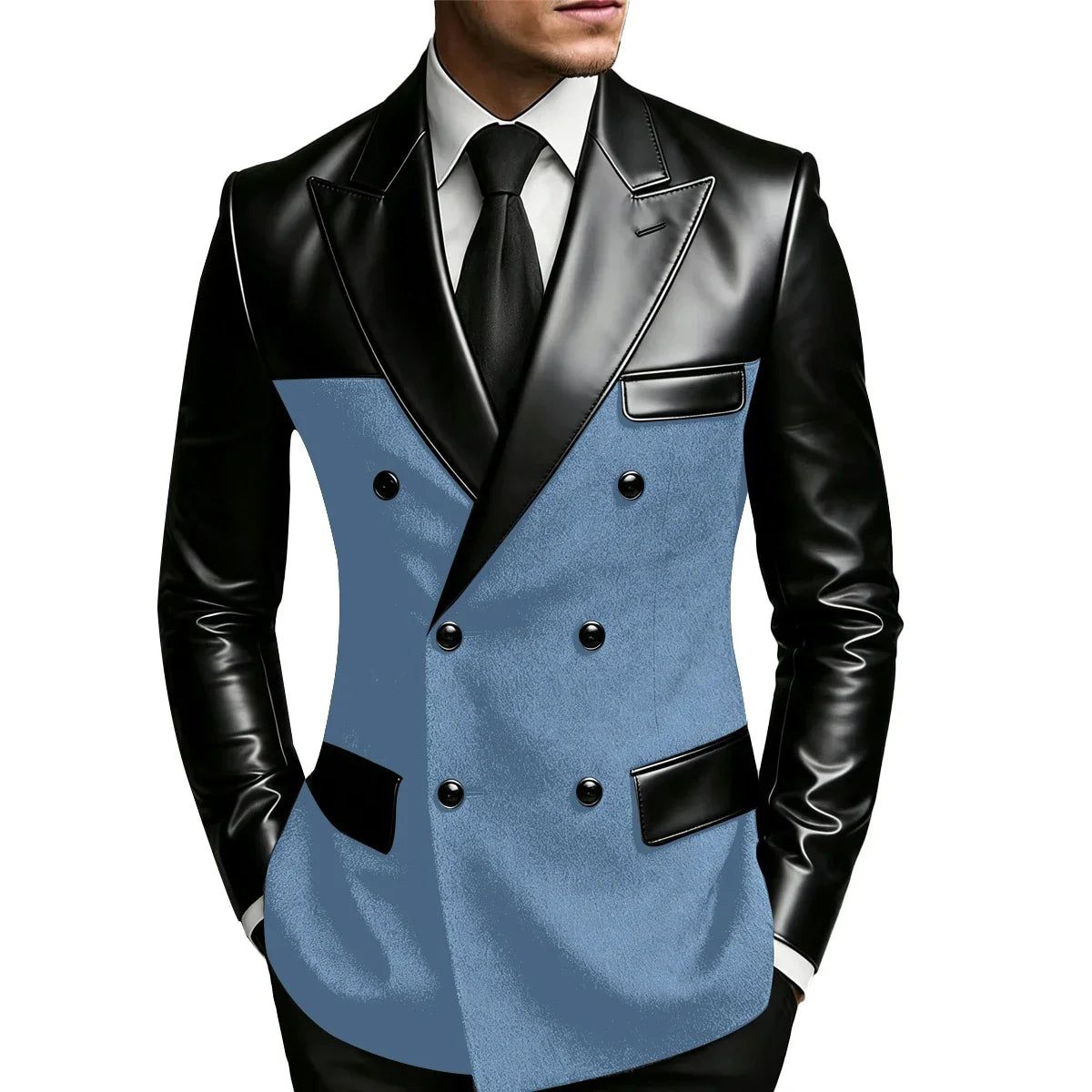 Men's Double Breasted Suit Blazer with Leather Patchwork for Weddings and Formal Events
