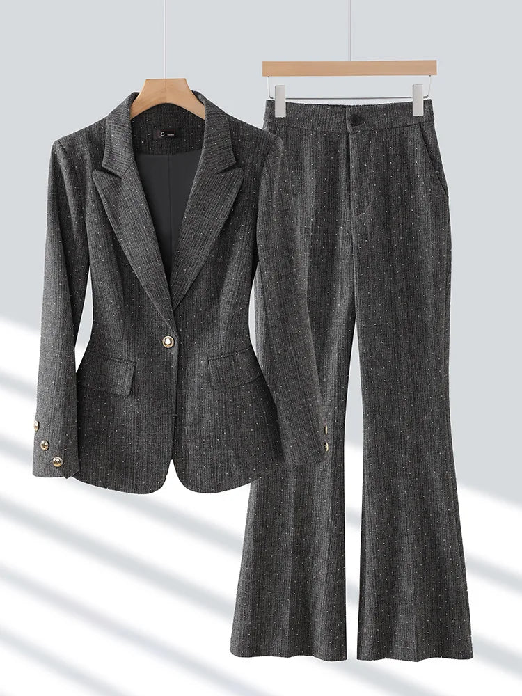 Fashion Women Suits 2024 New Autumn Winter Temprament Business Formal Slim Blazer And Flare Pants Office Ladies Work Wear