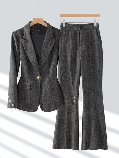 Fashion Women Suits 2024 New Autumn Winter Temprament Business Formal Slim Blazer And Flare Pants Office Ladies Work Wear