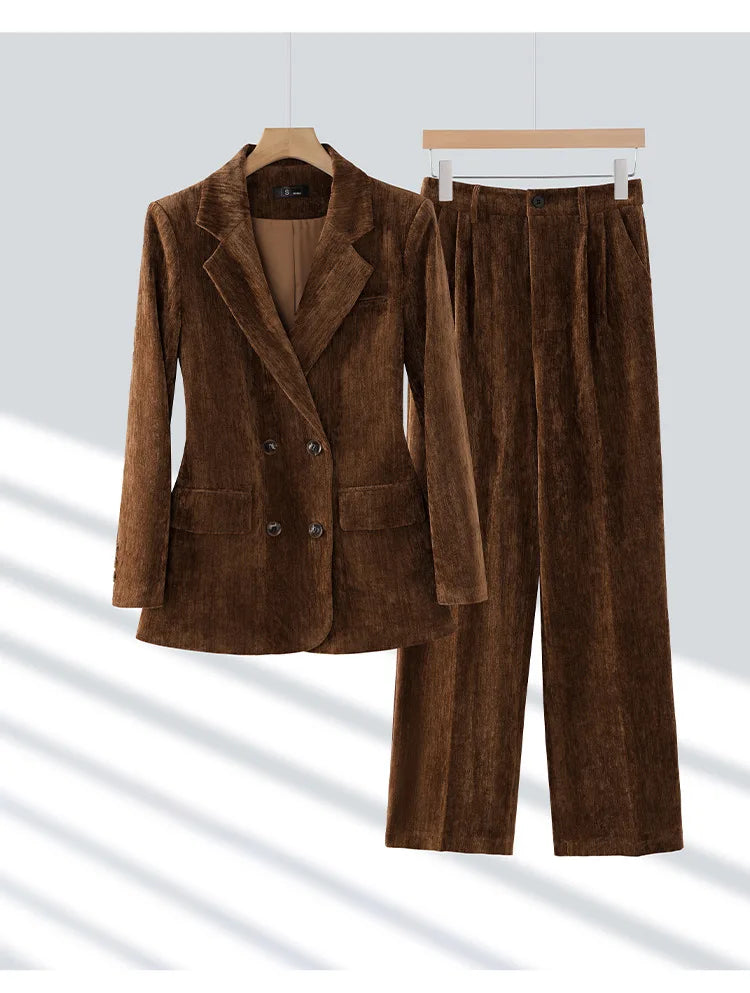 Pleuche Women Suits Office Sets 2024 Autumn New Fashion Notched Double Breasted Blazers Vintage Casual Wide Leg Pants Suits