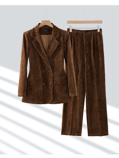 Pleuche Women Suits Office Sets 2024 Autumn New Fashion Notched Double Breasted Blazers Vintage Casual Wide Leg Pants Suits