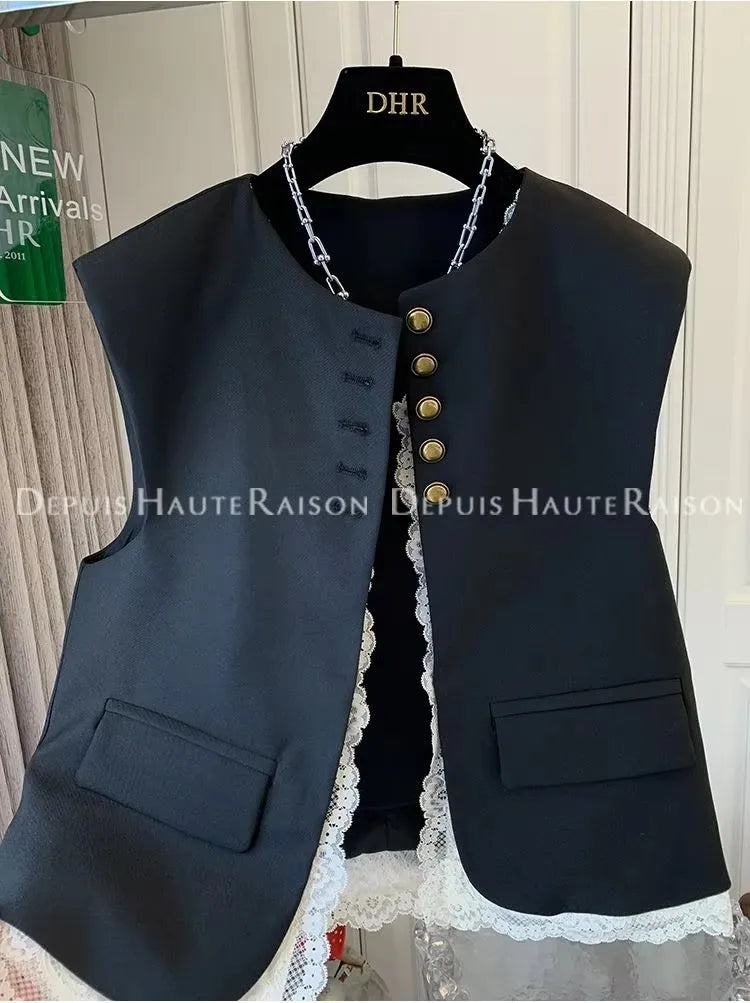 Fashion Loose Lace Patchwork Fake Two-piece Suit Vest Jacket Women's Korean  Spring  Autumn Sleeveless Top