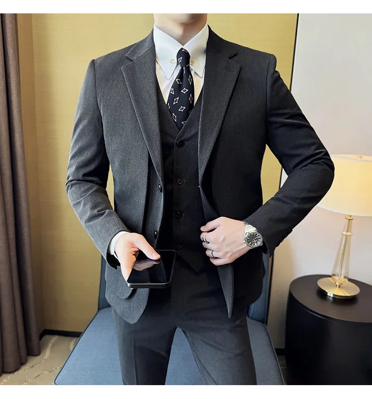 British Style Fake Two-piece Suit Set Men's Wedding Groom Dress 3 Piece Set Suit Vest Trousers Slim Office Business Casual Suits