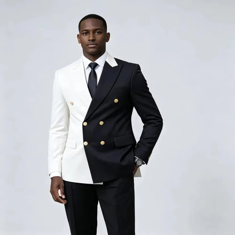 Costume Homme Vert Noir Contraste Couleurs Coupe Slim Double Boutonnage 2 Pièces Tuxedo Mariage Poches à Rabats Boutons de Manchette Tenue de Bureau